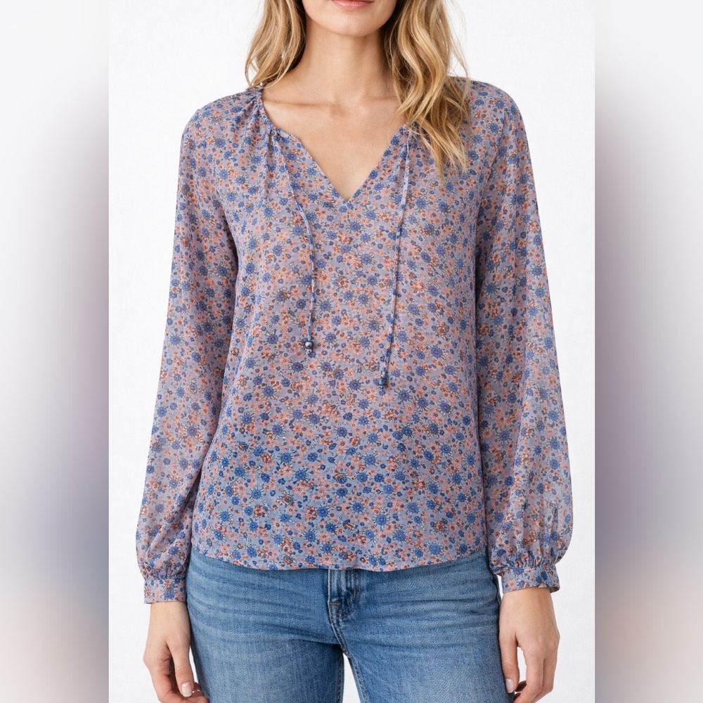 Espirit Collection Sheer Floral Tie Neck Blouse Blue Coral  Lightweight Size XS